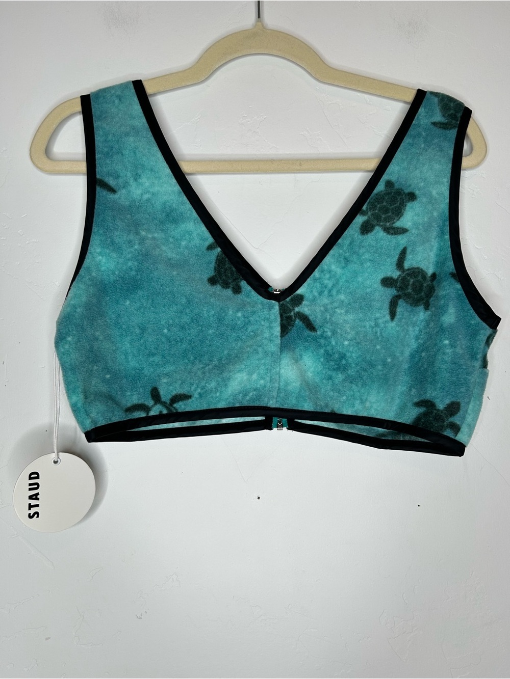 NWT STAUD Turquoise Turtle Print Fleece Springs Crop Top Black Trim Size 10 - Picture 3 of 12